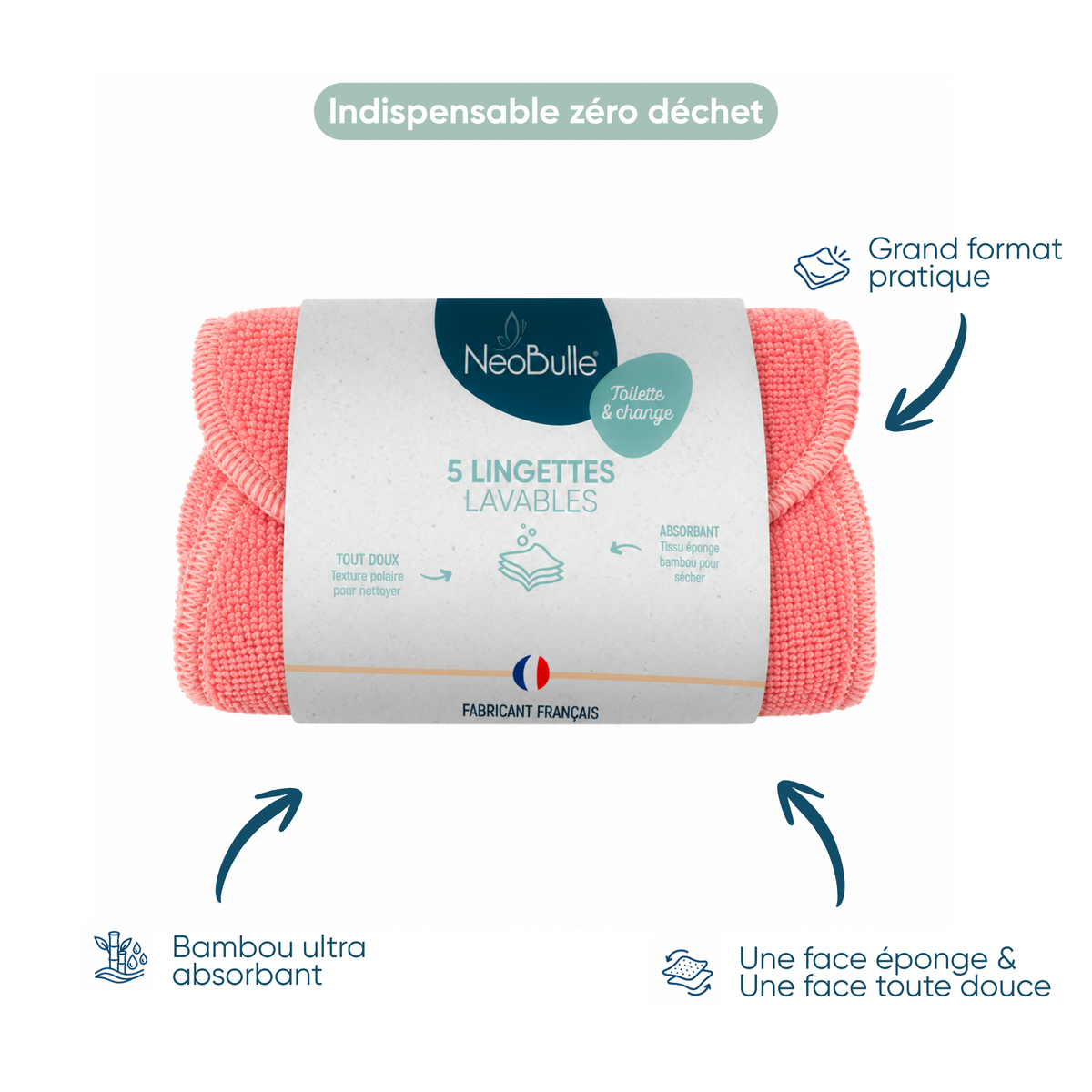 Lot de 5 Lingettes lavables, Pêche