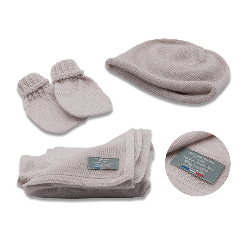 Coffret Vetements Bébé, Bonnet, Gants, et couverture en laine, coloris Lin