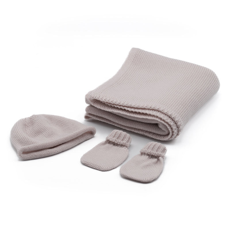 Coffret Vetements Bébé, Bonnet, Gants, et couverture en laine, coloris Lin
