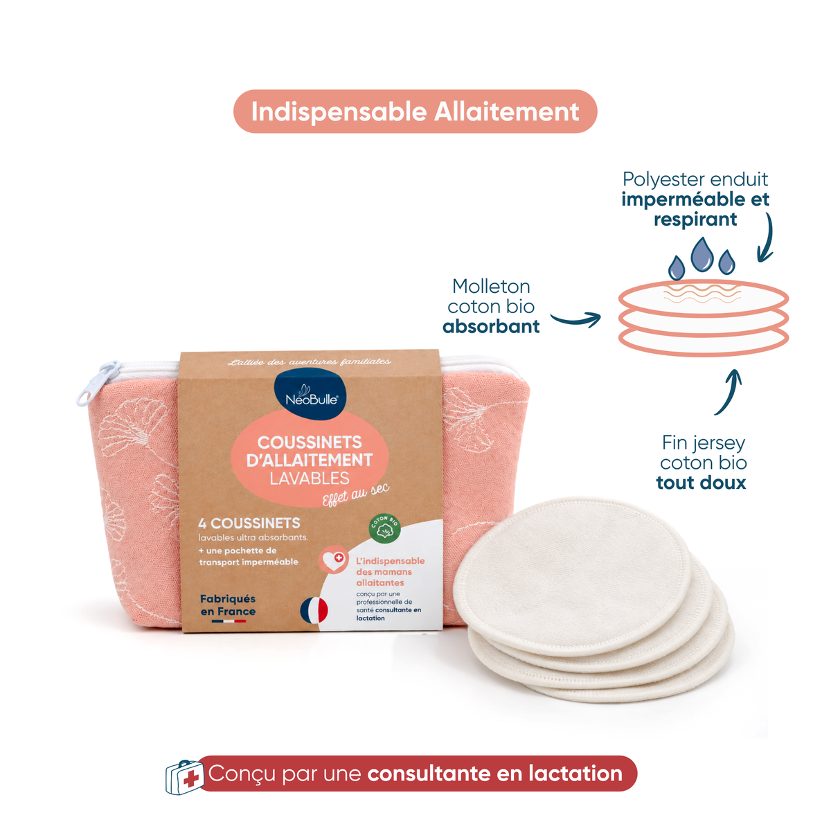 Pochette de 4 coussinets d'allaitement lavables